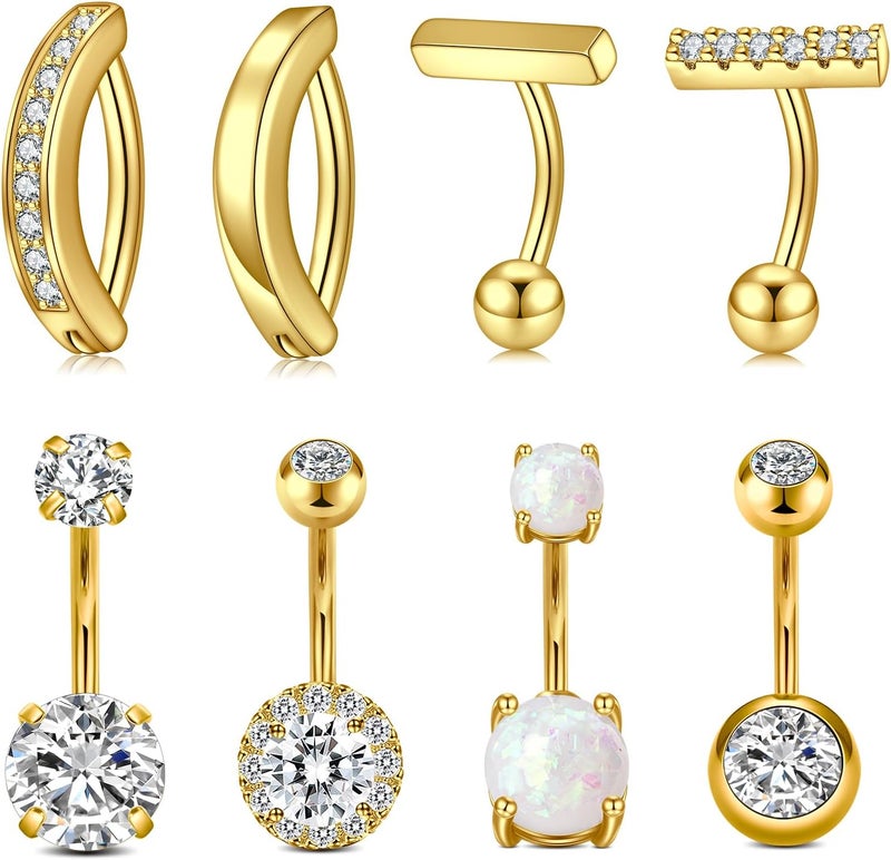 QWALIT Belly Rings - Short Bar Belly Button Rings in Surgical Steel with Opal Stones - 6mm & 10mm - Image 1